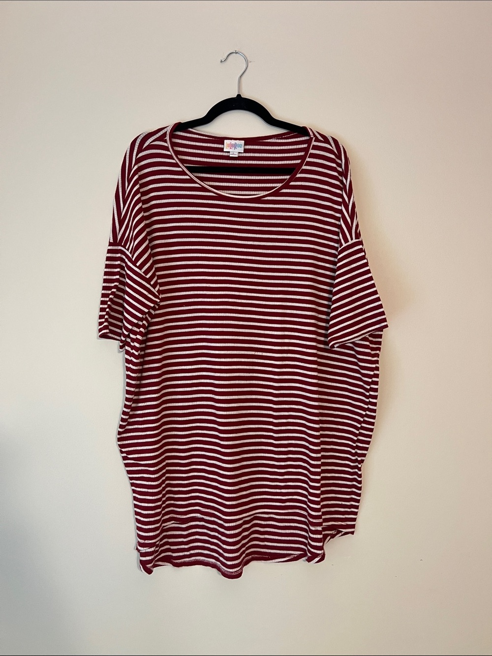 LuLaRoe Striped Short Sleeve Tee in Burgundy and White